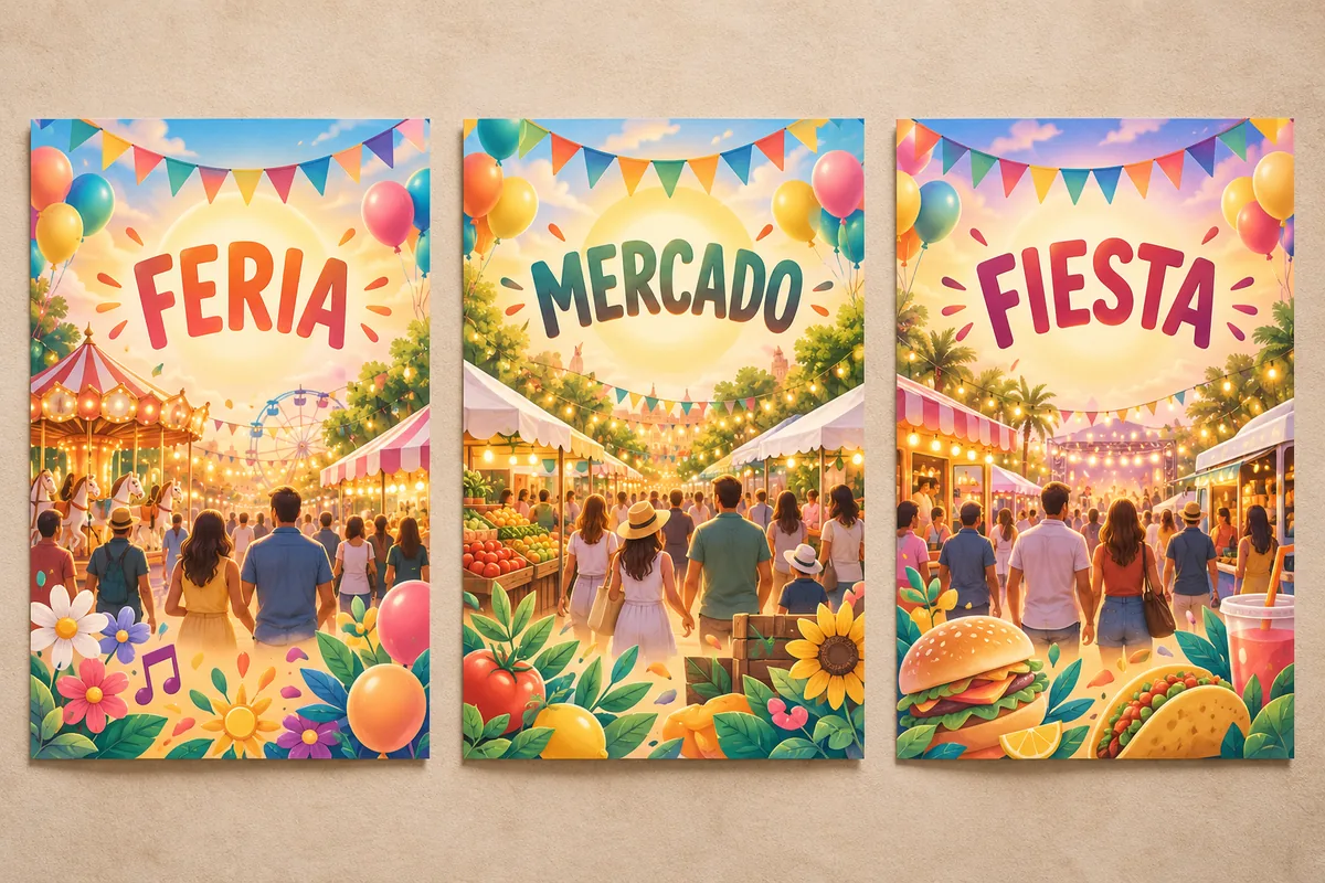 Tres carteles ficticios de feria, mercado y fiesta con la misma composición colorida de banderines, globos y público