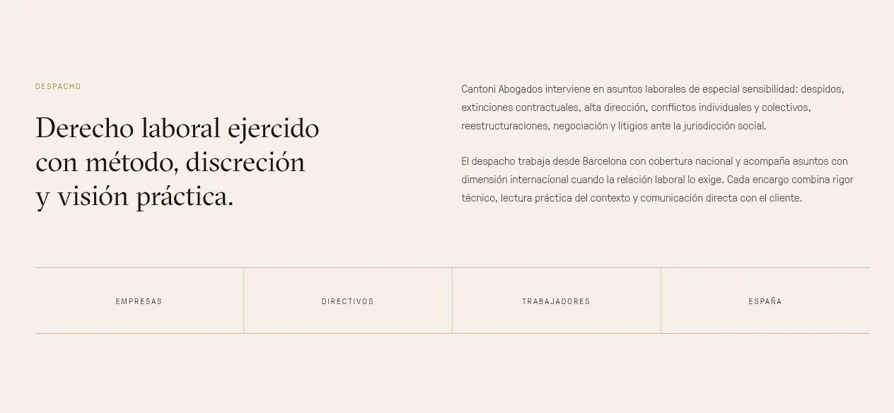 Sección despacho de Cantoni Abogados con el texto Derecho laboral ejercido con método, discreción y visión práctica
