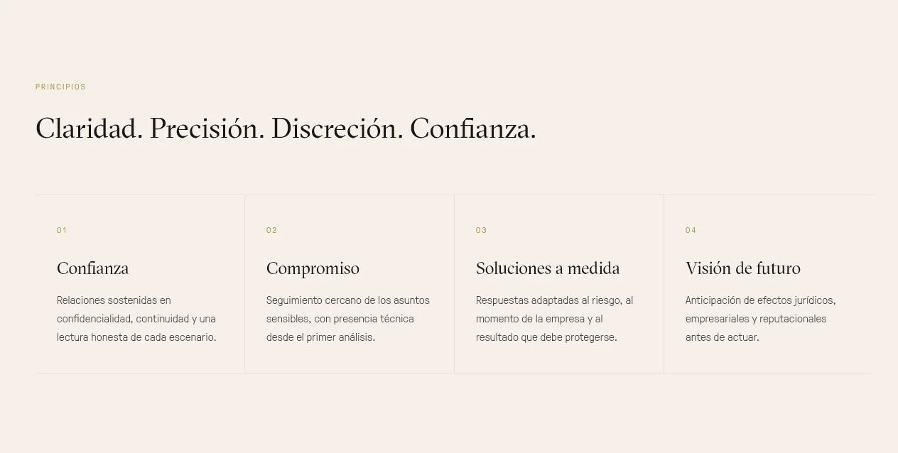 Sección principios de Cantoni Abogados con claridad, precisión, discreción y confianza