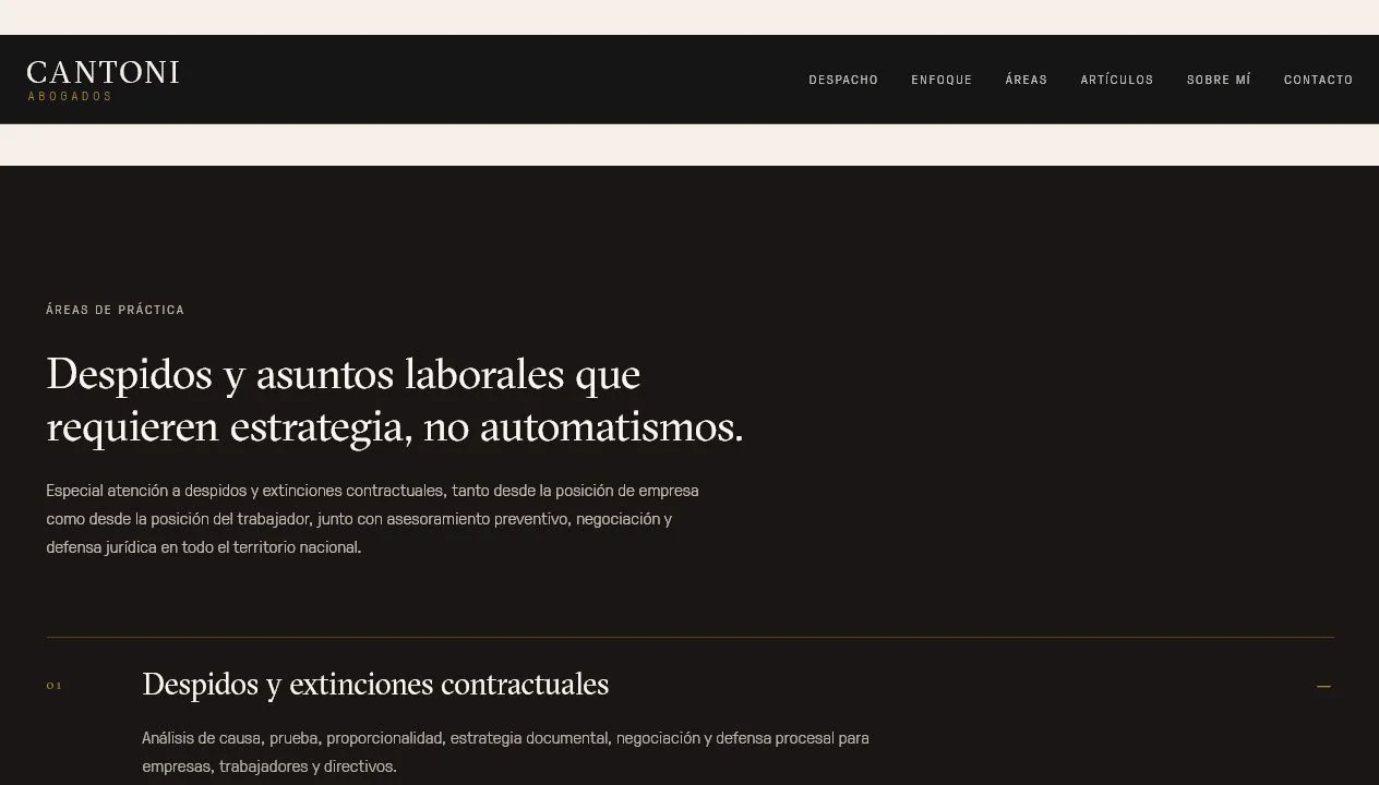 Sección áreas de práctica de Cantoni Abogados centrada en despidos y asuntos laborales