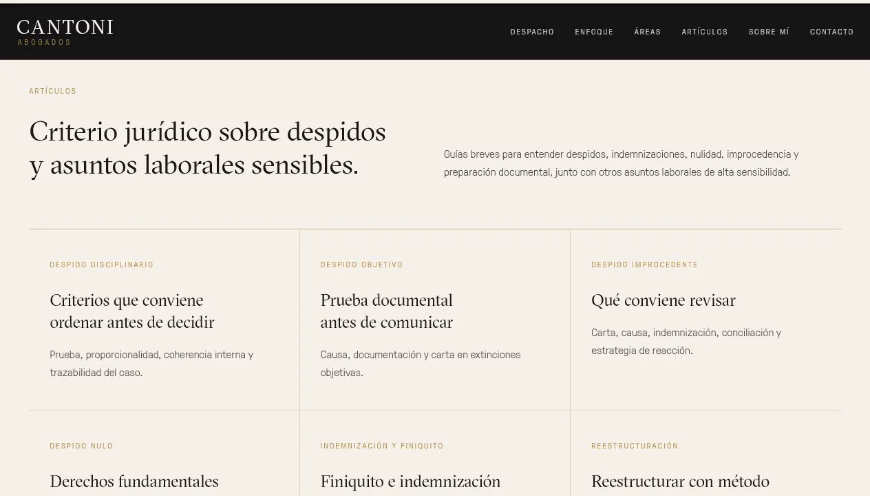 Sección artículos de Cantoni Abogados con guías sobre despidos y asuntos laborales