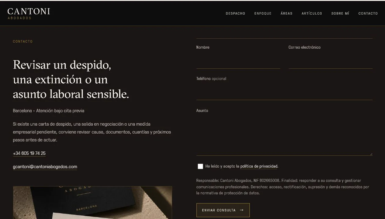 Sección de contacto de Cantoni Abogados con datos directos y formulario
