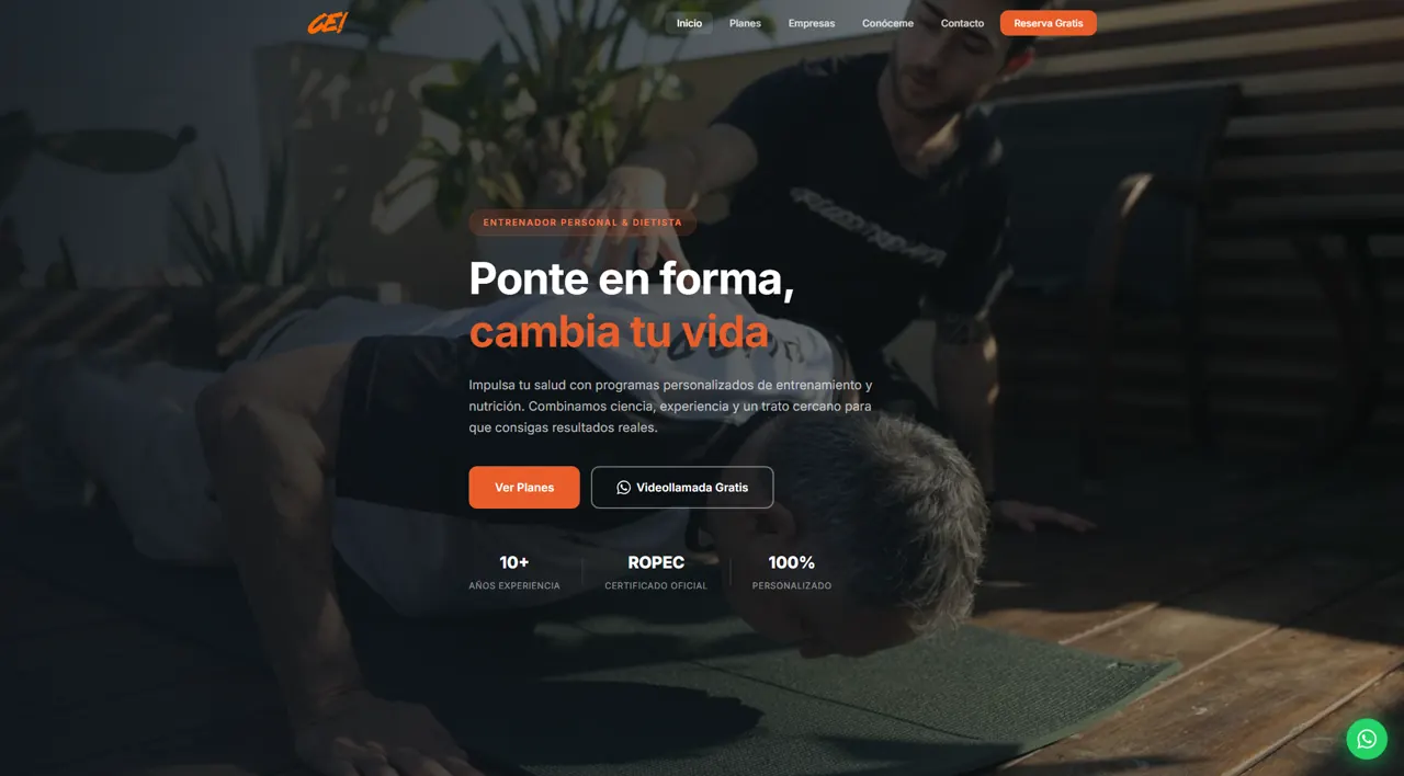 Portada de Crece Entrenando con la frase Ponte en forma, cambia tu vida y botón de videollamada gratis