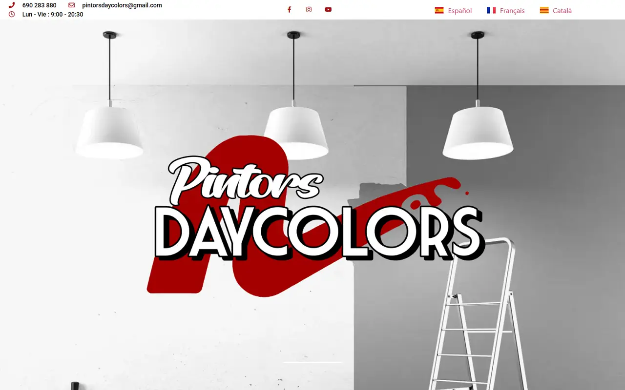 Portada de Pintors Day Colors con datos de contacto, idiomas y marca principal